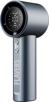Grijze FLA VERS handventilator met rond display met LED-indicatoren voor luchtv., 100 en vermogen.