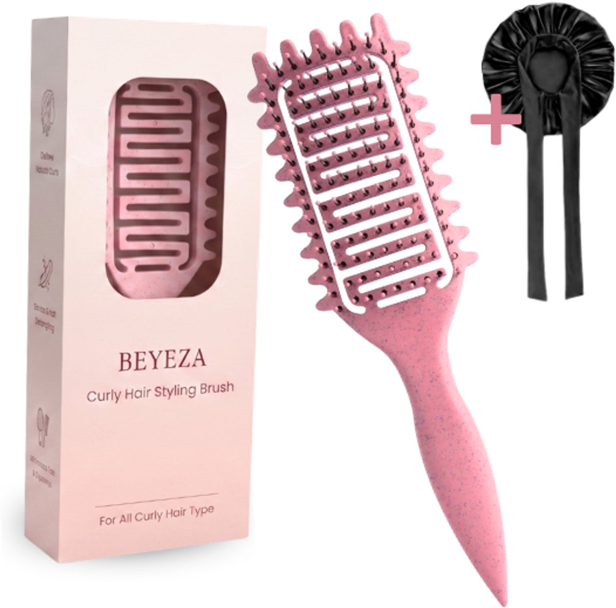 Beyeza Curl Brush - Haarborstel Anti klit - Krullen Borstel - Define Volume - incl. Satijnen Slaapmuts Bonnet - Bounce Kam - Krullend Haar Producten
