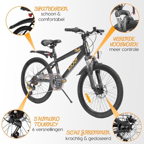 SJOEF Climb Jongensfiets / Mountainbike 20 inch - Kinderfiets 6, 7 & 8 Jaar - 6 Versnellingen - Schijfremmen - Verende voorvork - Spatborden - Kettingkast - LED verlichting - Zwart van SJOEF — afbeelding 4