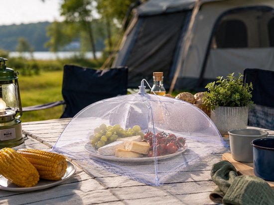 Voedselkap - Vliegenkap - Set van 3 stuks - Wit - Transparant - Groot formaat 40x40x38 cm - barbecue - buiten eten - vliegenbescherming - voedselkapjes - insectenbescherming - opvouwbaar — afbeelding 2