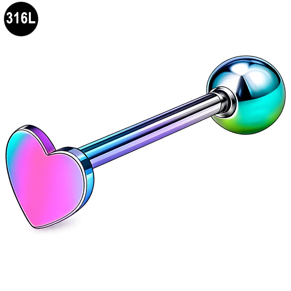 Tongpiercing - Hartje - Rainbow - Chirurgisch staal 1.6mm x 16mm - Multi Color