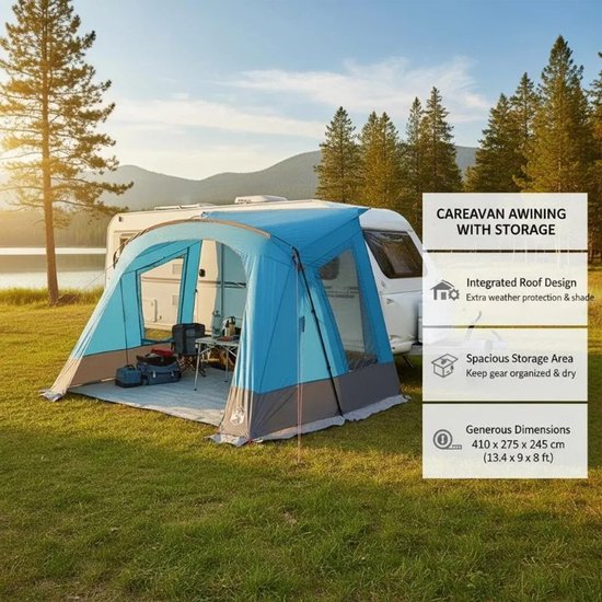 Miryx Tunneltent - Caravan-tent - Tent Voor 5 Personen - Auto - Luifel - Camping - Caravan Accessoires - Blauw Dak - 410 x 275 x 245 cm — afbeelding 5