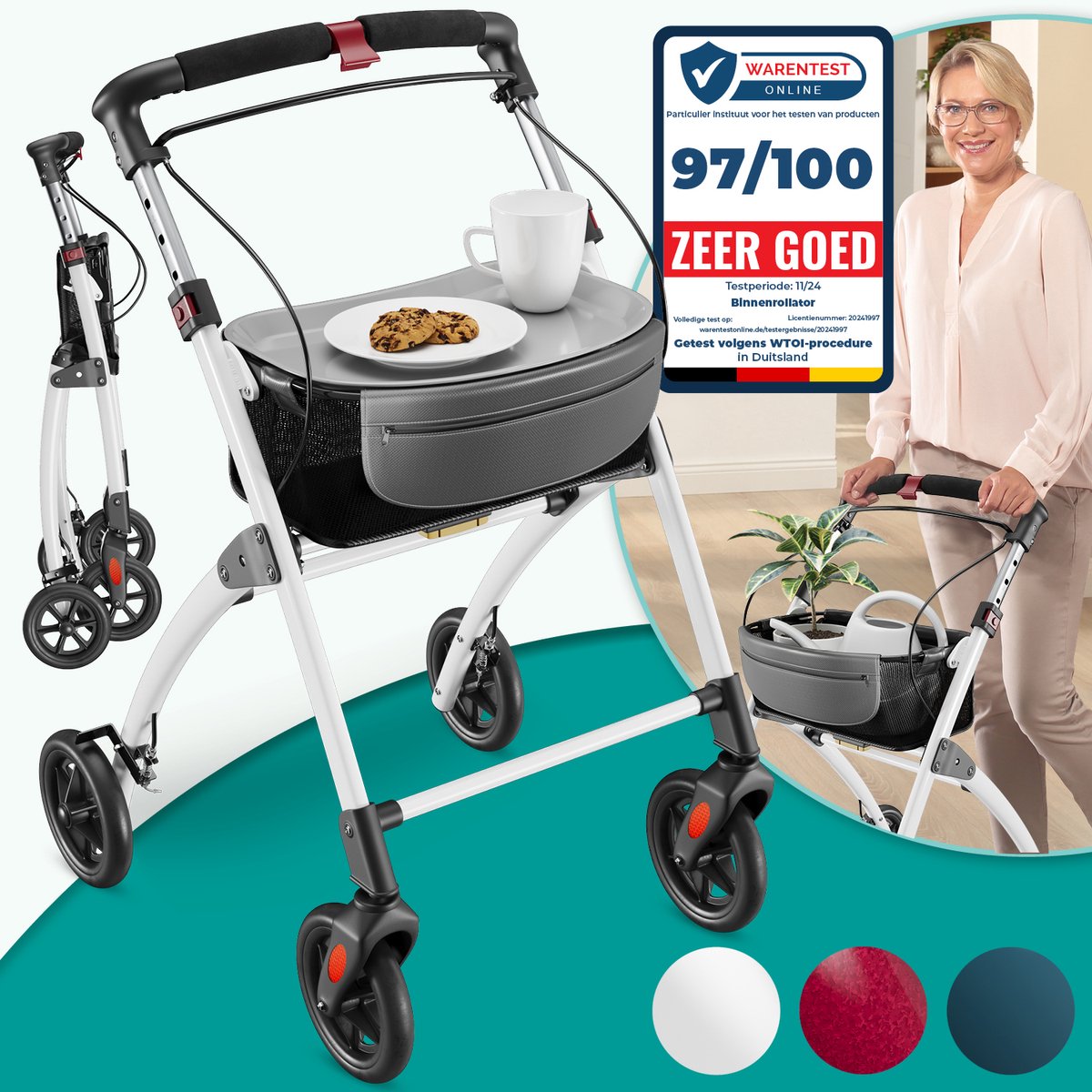 ELONEO Lichtgewicht Rollator voor Binnen - 54 cm Breed, Opvouwbaar Looprek met Dienblad en Stoffen Mandje, Smalle Rollator van Aluminium, Inklapbaar Mobiliteitshulpmiddel, Wit