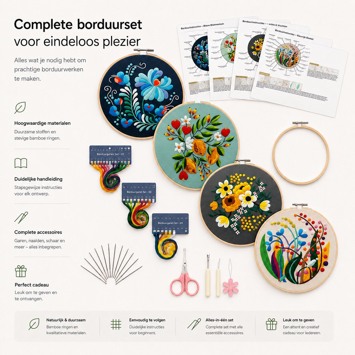 BOTC Borduurpakket Bloemen - Borduurset van 4 - Borduurpakketten voor Volwassenen - Hobby en Creatief - Borduren — afbeelding 2