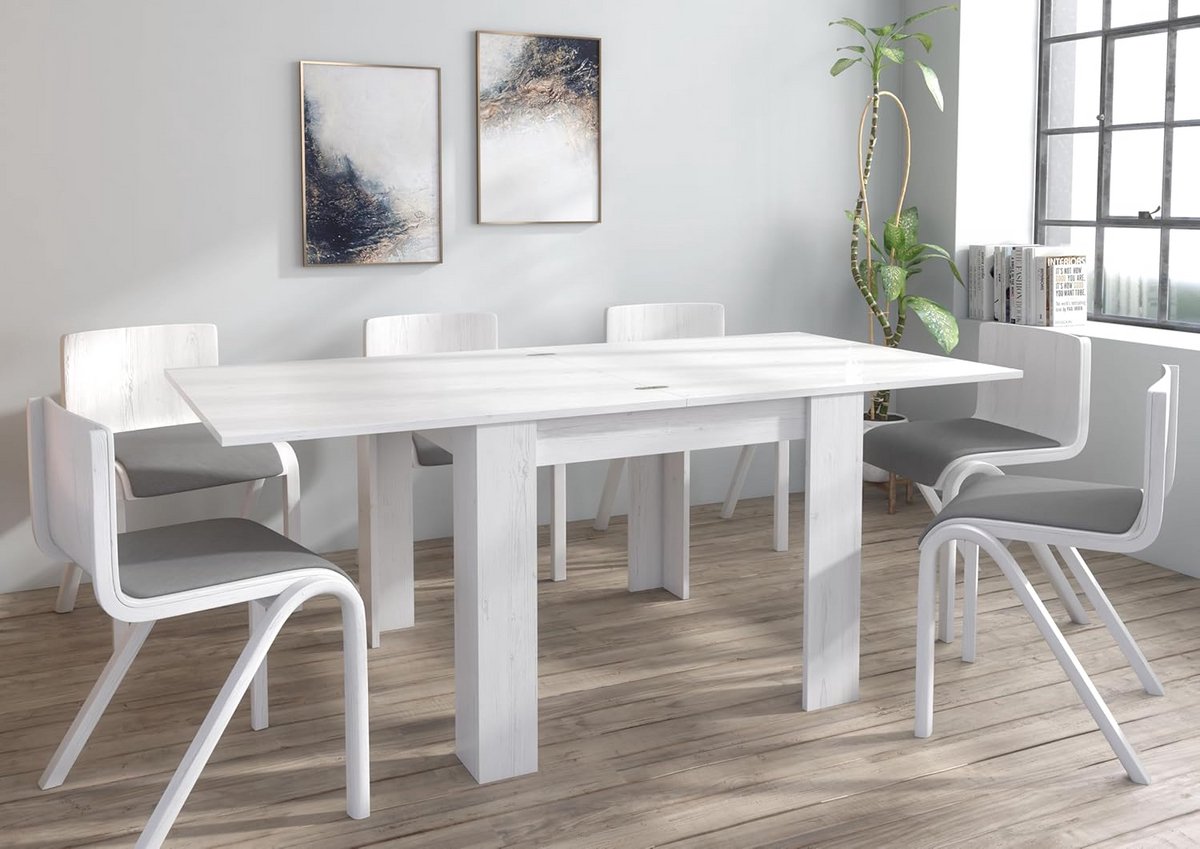 Eettafel Uitschuifbaar - Vergrootbare Tafel - Gezellig Tafelen - Grenen Effect Afwerking - 90-180cm - Wit