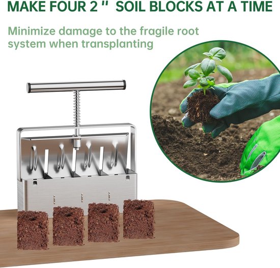 Tuingereedschap - Grondblokpers - GrondblokmakerHandmatige Grondblokker - handmatige grondblokmaker - Plantenteelt - 4 Perspotten - plantgereedschap -Grondblokker - Zaailinggereedschap - Zilver van Tuingereedschap. — afbeelding 3