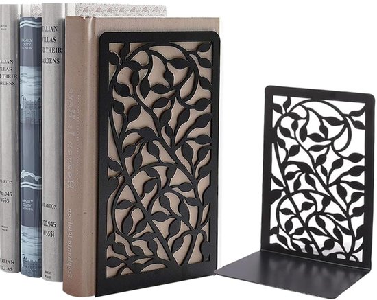 Serre-livres Boeken en métal Zwart avec motif floral - Supports antidérapants pour Boeken et CD - Séparateurs pour Planches, bureau, bibliothèque, maison et École - Idéal pour l'école et la bibliothèque - 1 paire - Noir
