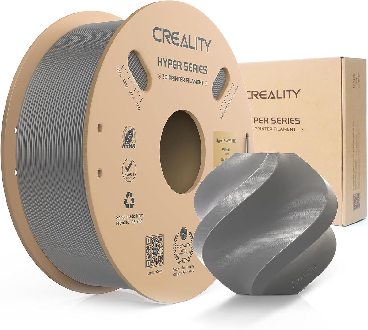Creality Hyper PLA Filament - grijs - 1,75 mm - 1 kg - 3D-printerfilament voor Snel Printen - Kluwenvrij - Sterke Hechting & Uitstekende Overhangprestaties - 3D Printer Filament