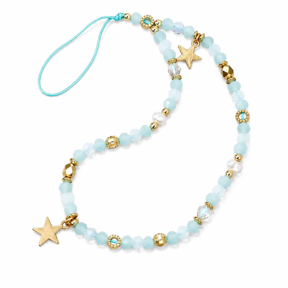 Consumerce® Telefoonkoord met Parels en Kralen – Blauw – Telefoon Koord – Telefoonketting – Universeel Telefoonkoort – Telefoonkoorden – Kort – Ketting – Phone Cord - Goud