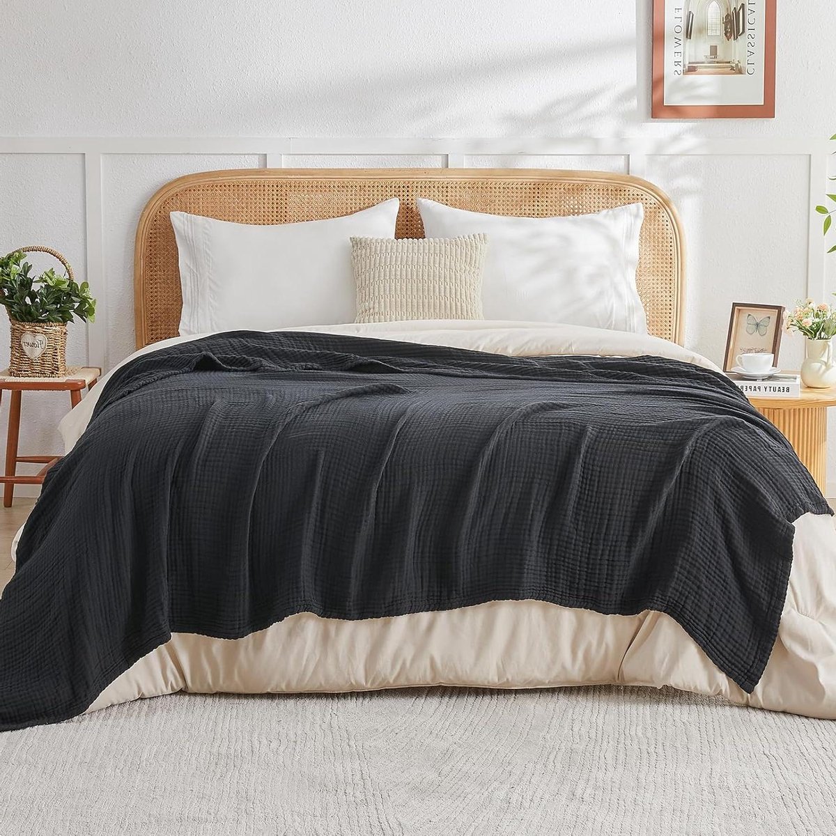 Katoenen Muslin Deken - Ademende Sprei - Comfortabel Slapen - Vierlaags Garen - 228x228cm - Zwart