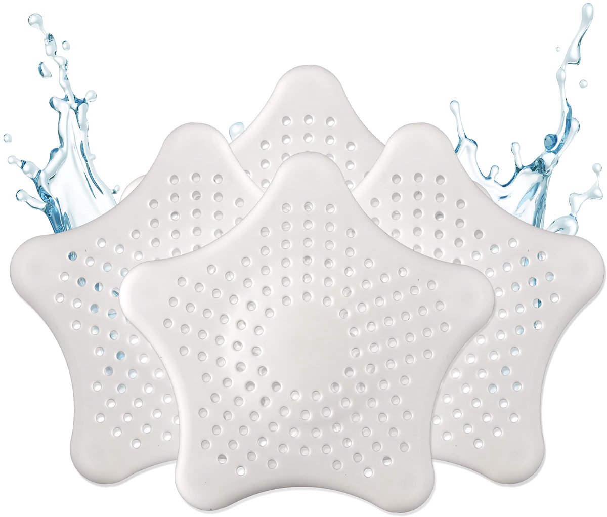 carmdering - Afvoerfilter - Siliconen Afvoerfilter - Harenfilter - Set van 4, wit, 5-punts druksysteem - Antislip, herbruikbaar - Voor douche, bad en keuken - Makkelijk schoon te maken - Perfect tegen verstoppingen