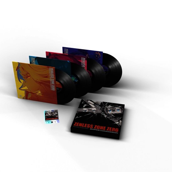 Zenless Zone Zero soundtrack hoes met anime-personages en vier zwarte vinylplaten. De hoes toont gebroken glas met anime-personages.
