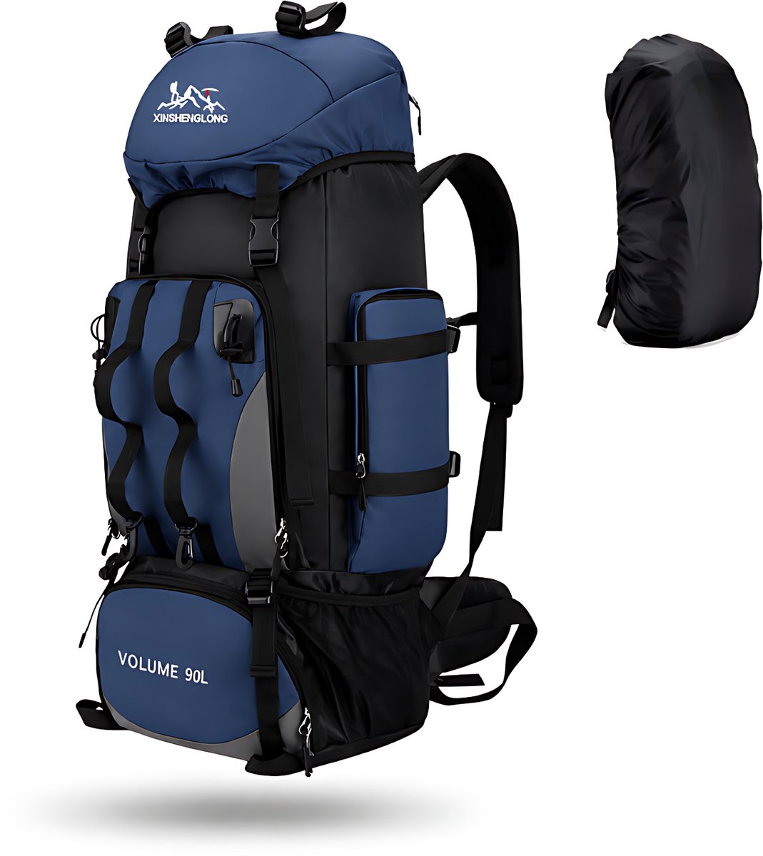 CarryQuest® 90L Hiking Backpack - Waterdichte Trekking Rugzak met Regenhoes, Heupgordel & Rugventilatie - Donkerblauw