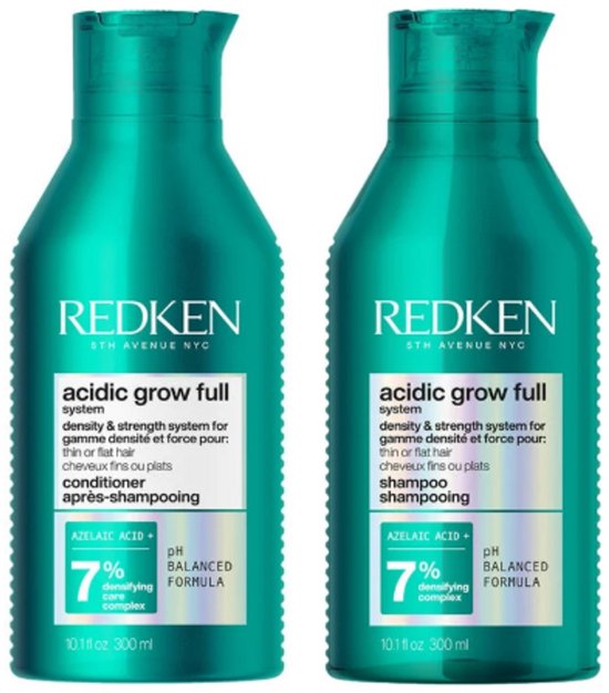 Deux flacons de shampooing Redken Acidic Grow Full System de couleur turquoise, avec des informations sur le produit sur l'étiquette.