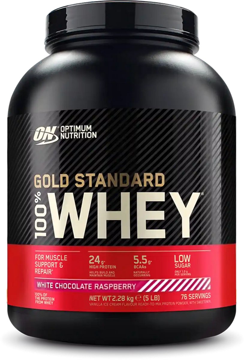 Bol.com Optimum Nutrition Gold Standard 100% Whey Protein - White Chocolate Raspberry - Proteine Poeder - Eiwitshake - 2270 gram... aanbieding
