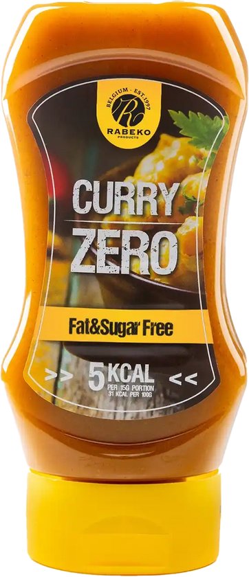 Bouteille de sauce curry Rabeko Zero avec une image de curry. Sans gras ni sucre, 5 kcal pour 15 ml.
