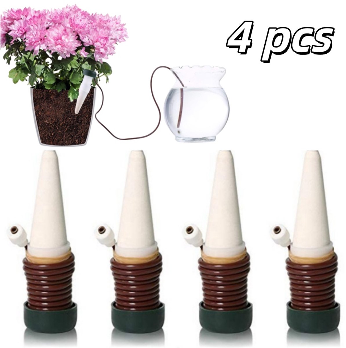 4 stuks - Automatisch plantenwatergeefsysteem - Waterdruppelaar-Zelfbedieningswatergeefsysteem - Watergeefsysteem voor potplanten - Watergeefsysteem voor bloemen - 3*11*76 cm - Voor plantenverzorging binnen en buiten - Wit en bruin