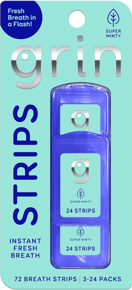 GRIN Super Minty Breath Strips: strips voor een direct verfrissende adem - Super Mint Flavor, 72 Count (3 x 24)