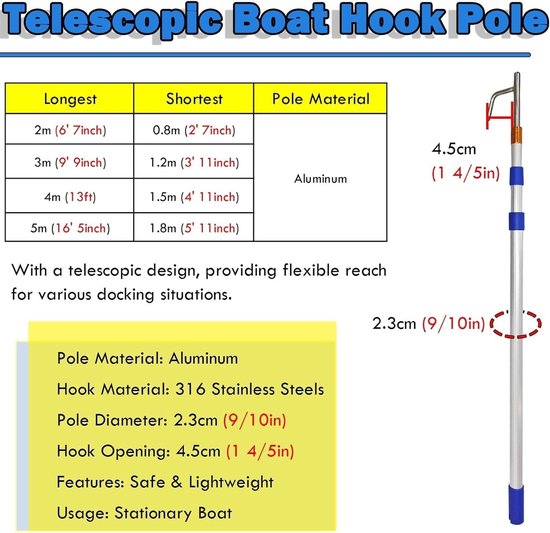 Boothaken - Duwstok - Aanleggen en varen - Uitschuifbaar telescopisch ontwerp - Tot 5 meter - Zilverkleurig — afbeelding 5