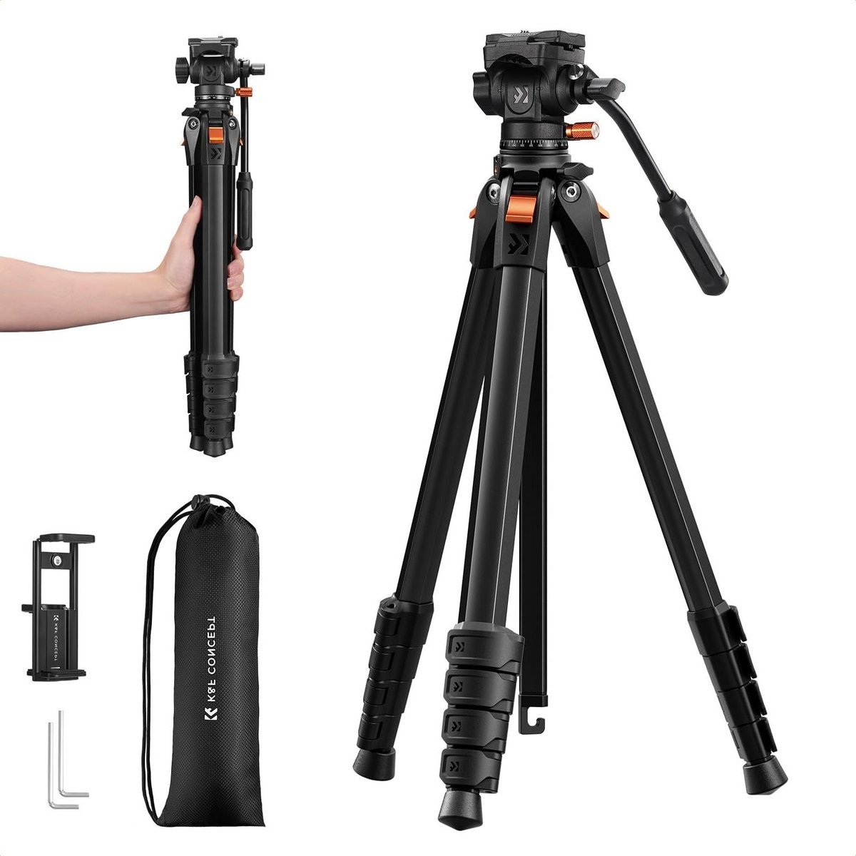Camera Statief - Driepoot Statief - Stabiele Opnames Maken - Vloeibare Kop - 73 Inch Hoog - Zwart