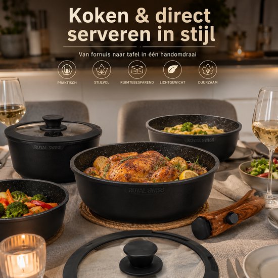 Royal Swiss® Pannenset 9-delige – Kookpannen met Afneembare Handgrepen – pannenset inductie – PFOA & PFAS-vrij