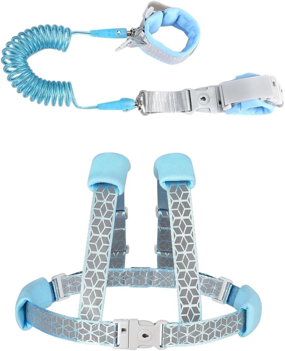 Kinderharnas met riem - Veiligheidsschakel - Buitenactiviteiten - Reflecterende band - 15 meter - Blauw