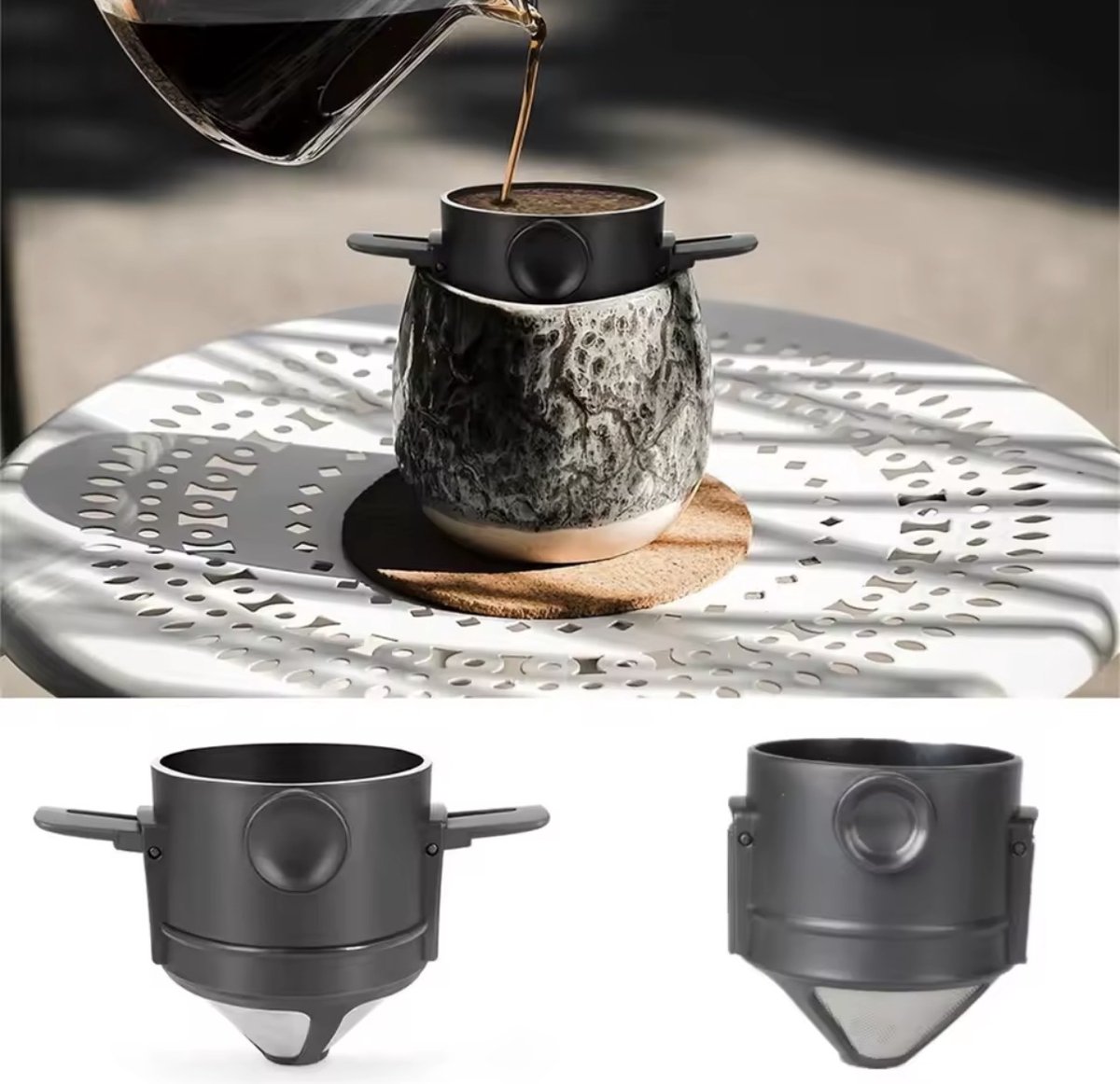 Koffiefilter | Koffiefilterhouder | Rvs Koffiefilter | Herbruikbaar | Koffie Dripper | Papierloos Giet Over Koffiedruppelaar | Geschikt Voor Handmatige Bereiding Van Permanente Koffie | Geschikt Voor Thuiskantoor, Reizen, Kamperen | Zwart — cadeau in Kookcadeaus - foto 3