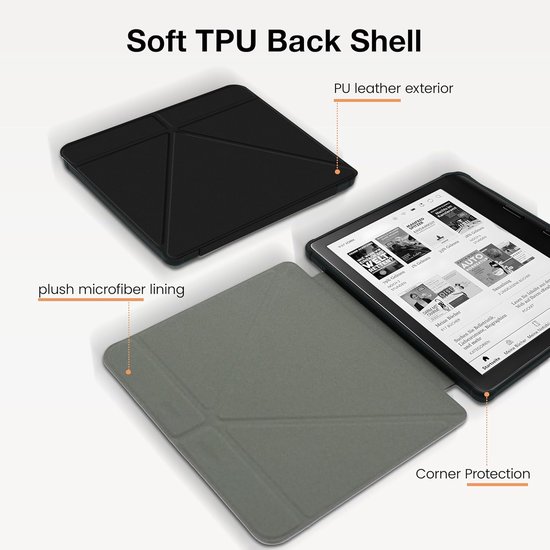 Beschermhoes Geschikt voor Kobo Libra Colour (2024) & Libra 2 - Vegan Leer Origami Standaard - Auto Slaap/Wake - Met Schermbeschermer - Zwart 6 Inch — afbeelding 2
