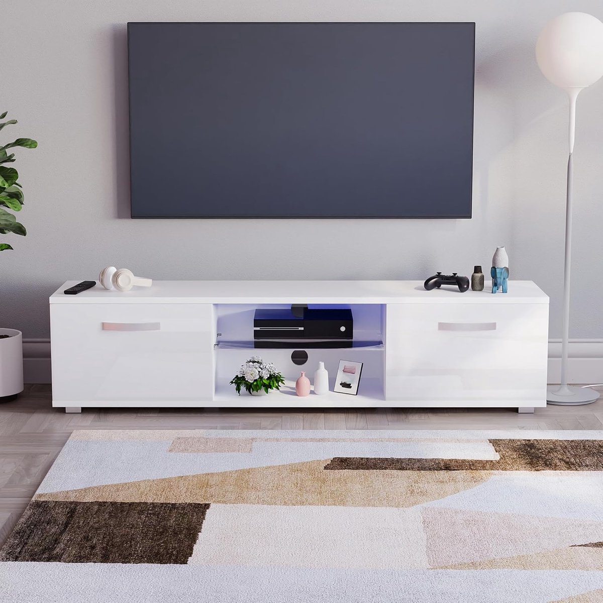 Cosmo Luxe LED TV-Meubel 160 cm met RGB Verlichting, 2 Deuren, Modern Glans/Mat MDF Design, Woonkamer TV Kast 160x40x38 cm Wit – Casa Dorada