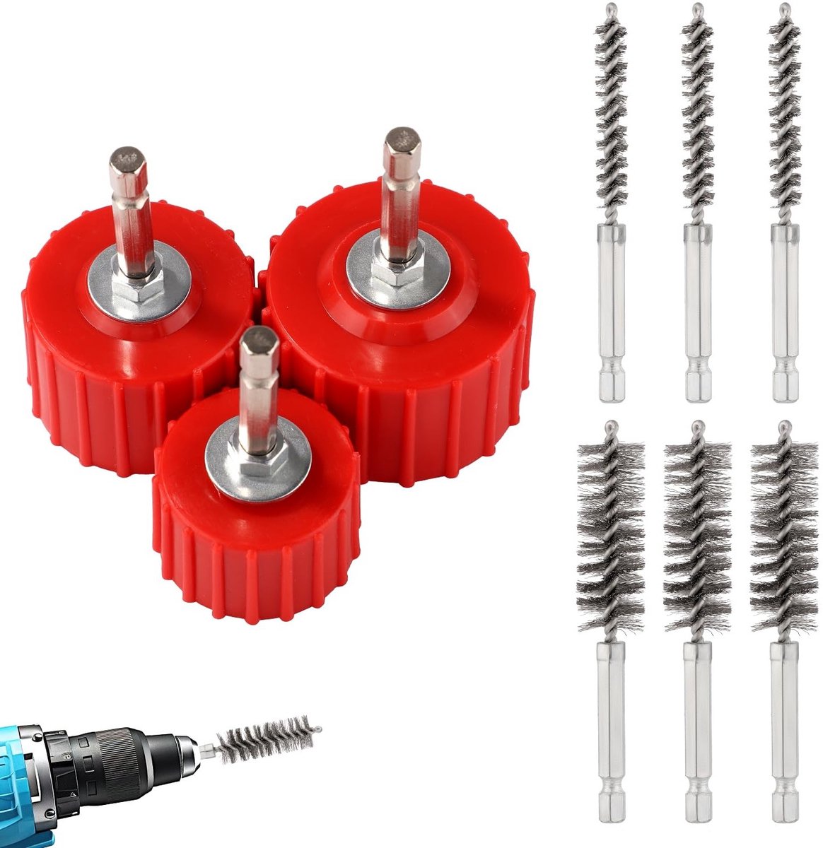 Complete set van 9 koperen pijpenreinigers voor boormachines, inclusief buisborstels en draadborstels voor het reinigen van koperen leidingen en fittingen voor solderen