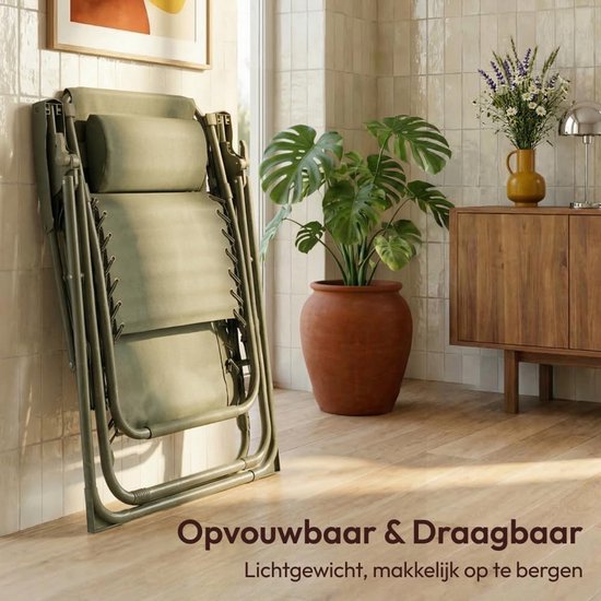 Zero Gravity Stoel - Relaxstoel Ligstoel - Ontspannen Buiten - Inklapbaar Ruimtebesparend - 156x65x76 cm - Saliegroen — afbeelding 2