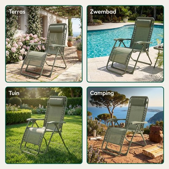 Zero Gravity Stoel - Relaxstoel Ligstoel - Ontspannen Buiten - Inklapbaar Ruimtebesparend - 156x65x76 cm - Saliegroen — afbeelding 4
