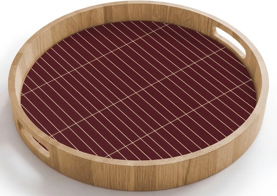 Plateau rond en bois à motif bordeaux à carreaux avec des lignes beiges, avec poignées.
