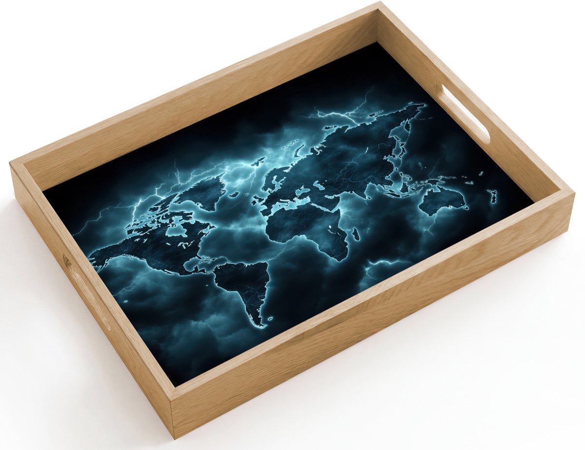 Dienblad hout 40x30 cm - Schootdienblad - Wereldkaart - Bliksem - Blauw - Borrelplank rechthoek - Plateau dienbladen