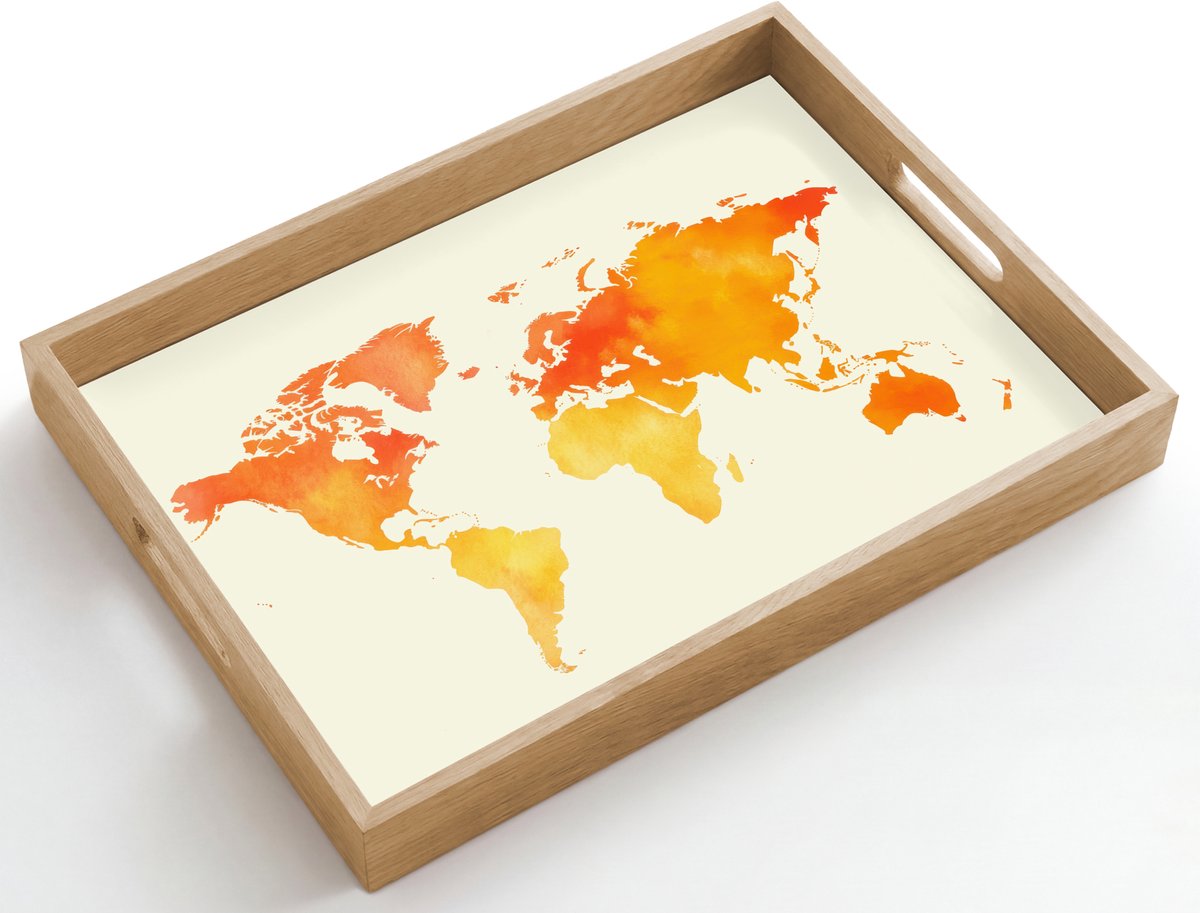 Dienblad hout 50x35 cm - Schootdienblad - Wereldkaart - Oranje - Kleurrijk - Borrelplank rechthoek - Plateau dienbladen
