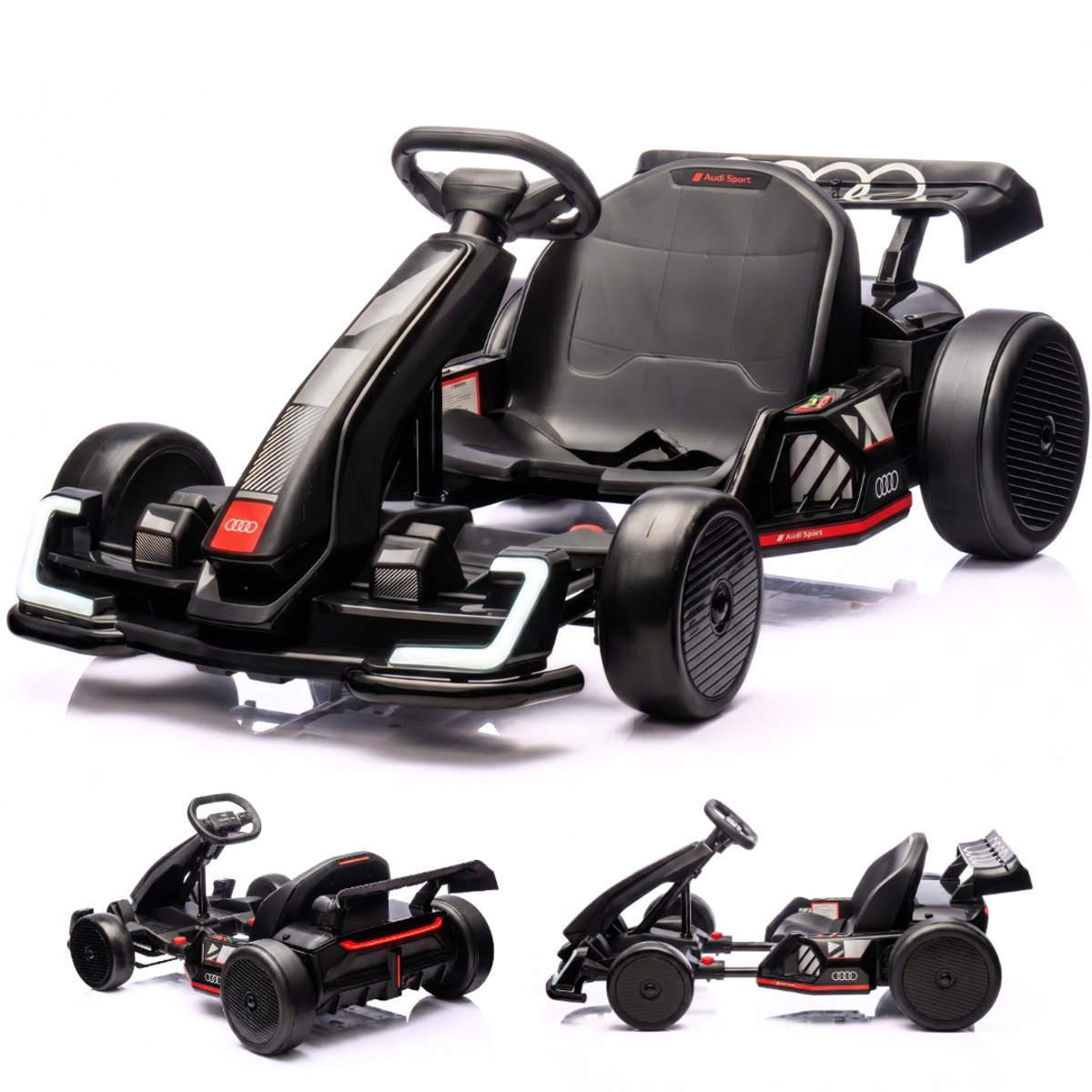 Audi Full Option Elektrische GoKart 6 tot 12 jaar – Officieel Gelicentieerde 24V Drift-Kart met Verstelbaar Frame & Bluetooth – Snelle Kinderkart met Soft-Start, LED-verlichting & EVA Voorwielen – Zwart