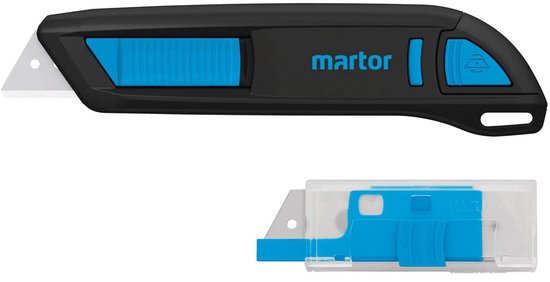 Martor Secunorm 300 veiligheidsmes met blauwe schuifknop en reservemesjes in houder.
