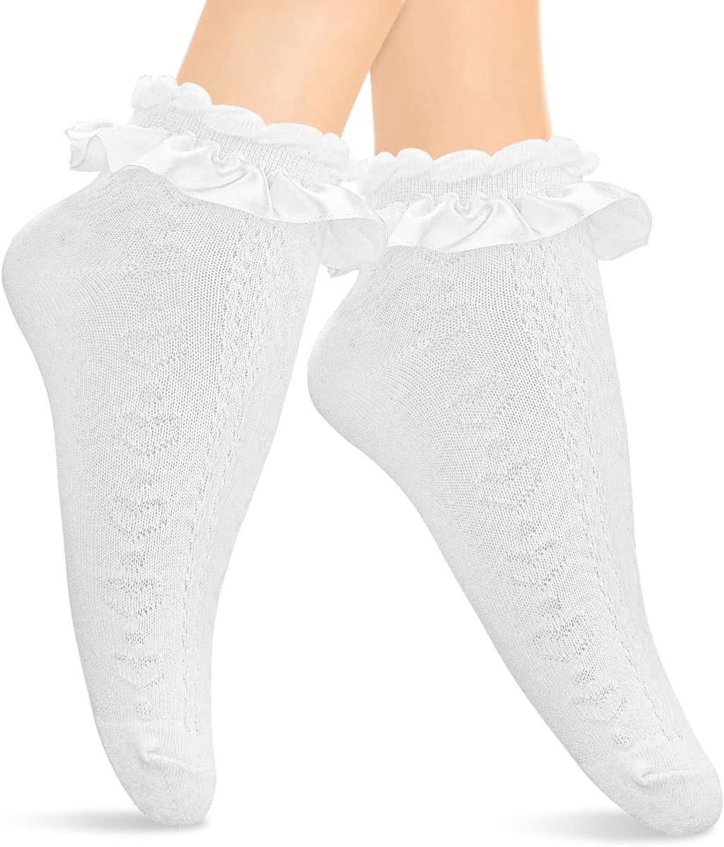 Hartvormige Frilly Crew Enkelsokken voor Meisjes - Elastische Katoenen Sokken met Ruches, Perfect voor School, Kostuums en Feestjes