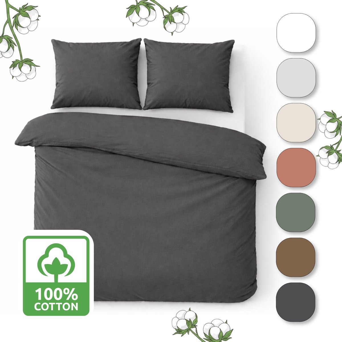 Muné Bedding - Hotelkwaliteit Dekbedovertrek Perkal Katoen 200TC - 140x220 - Inclusief Kussensloop | 3-zijdige Rits - Antraciet