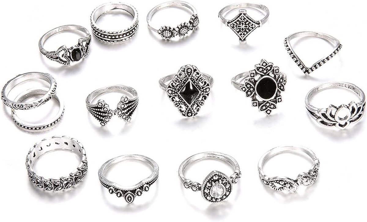 Set van 15 Stalen Ringen voor Dames - Minimalistische Boho Stapelringen met Hart en Vlinder - Perfecte Accessoires voor Elke Gelegenheid