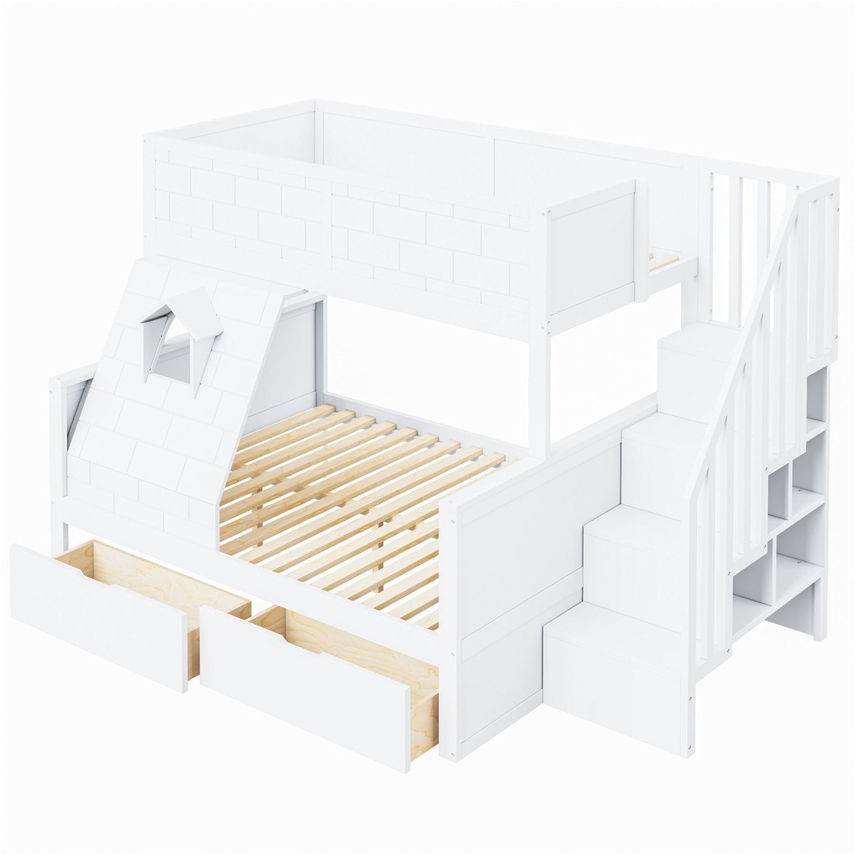 Merax Stapelbed voor Kinderen 90x200 & 140x200 - Bed met Opbergruimte - Hout - Met Laden en Trap met Opbergvakken - Kinderbed met Speelhuis Design - Wit
