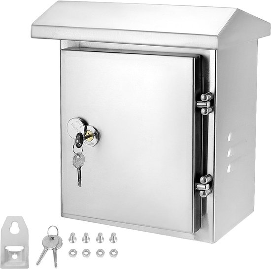 Zilverkleurige metalen brievenbus met slot en sleutels, inclusief bevestigingsmateriaal.