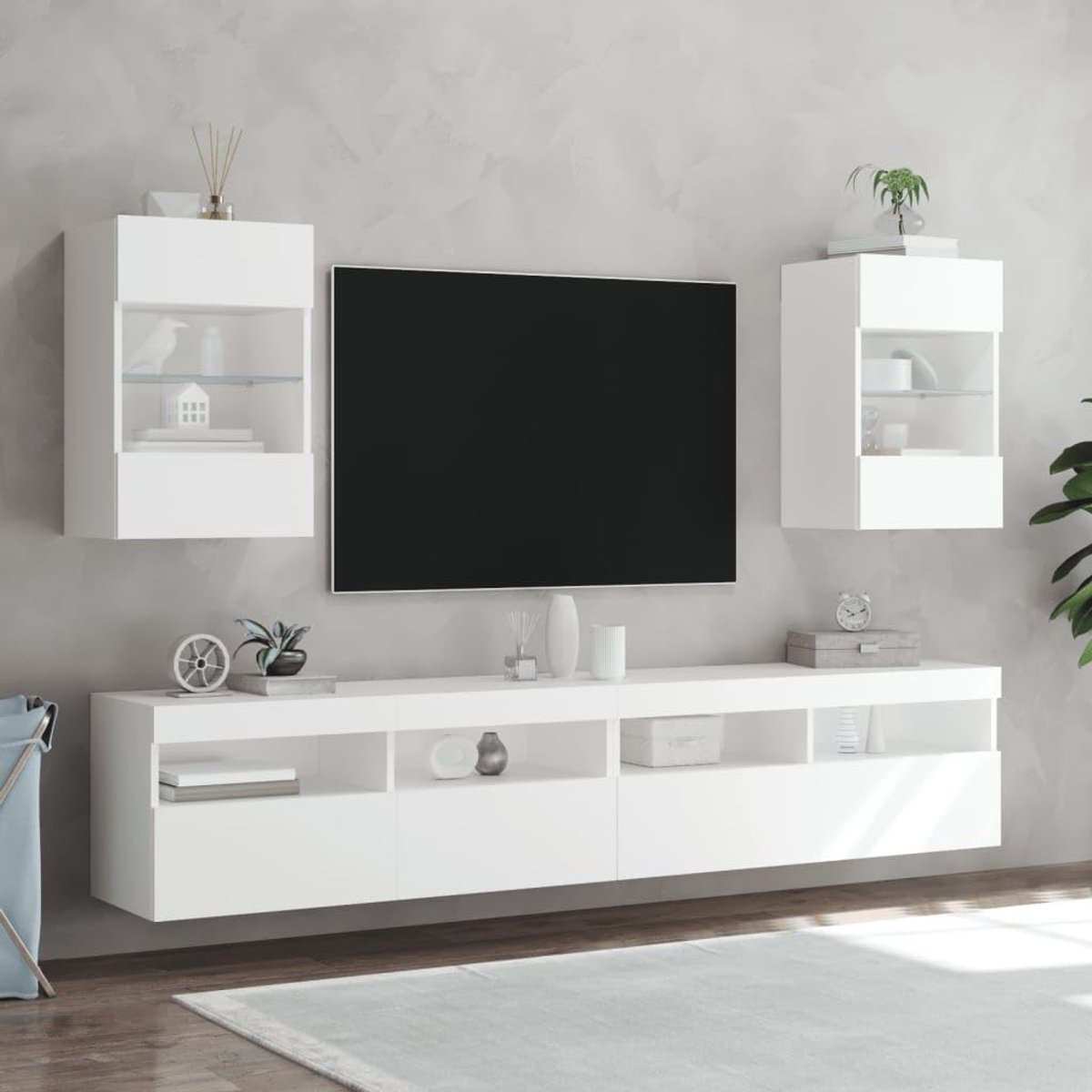 Moderne Zwevende TV Wandkast met RGB LED Verlichting – Set van 2 Wandkasten 40 x 30 x 60,5 cm Wit