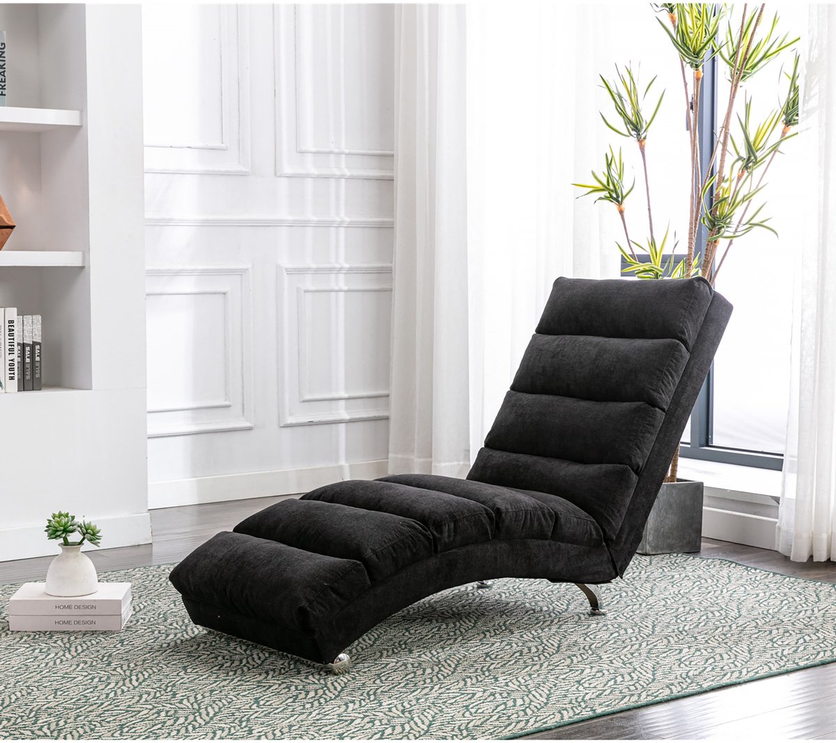 REDOM Chaise Longue Met Trilfunctie En Zijvak - Modern - Voor Woonkamer Of Slaapkamer - Linnen - Zwart - 55 X 148 X 84 Cm