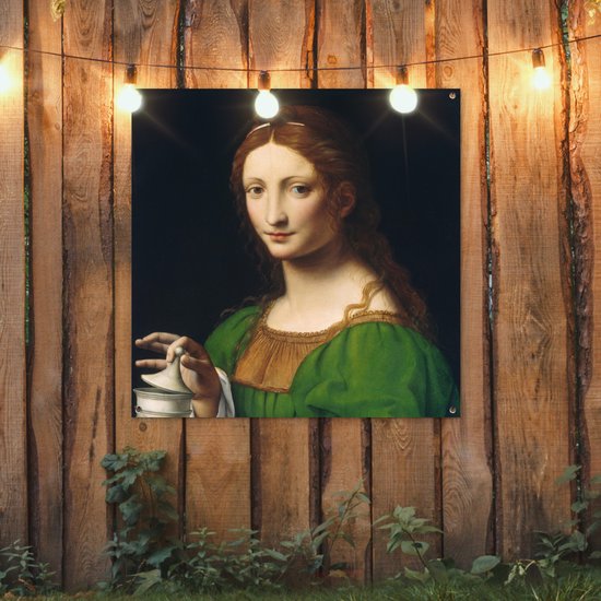 Tuinposter 100x100 cm - Tuindecoratie Maria Magdalena - Leonardo da Vinci - Poster voor in de tuin - Buiten decoratie - Schutting tuinschilderij - Tuindoek muurdecoratie - Wanddecoratie balkondoek