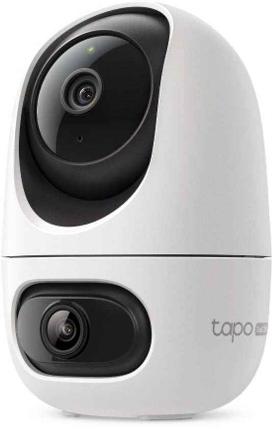 Wit, bolvormig beveiligingscamera met een zwarte lens aan de voorkant. De camera staat op een witte achtergrond.