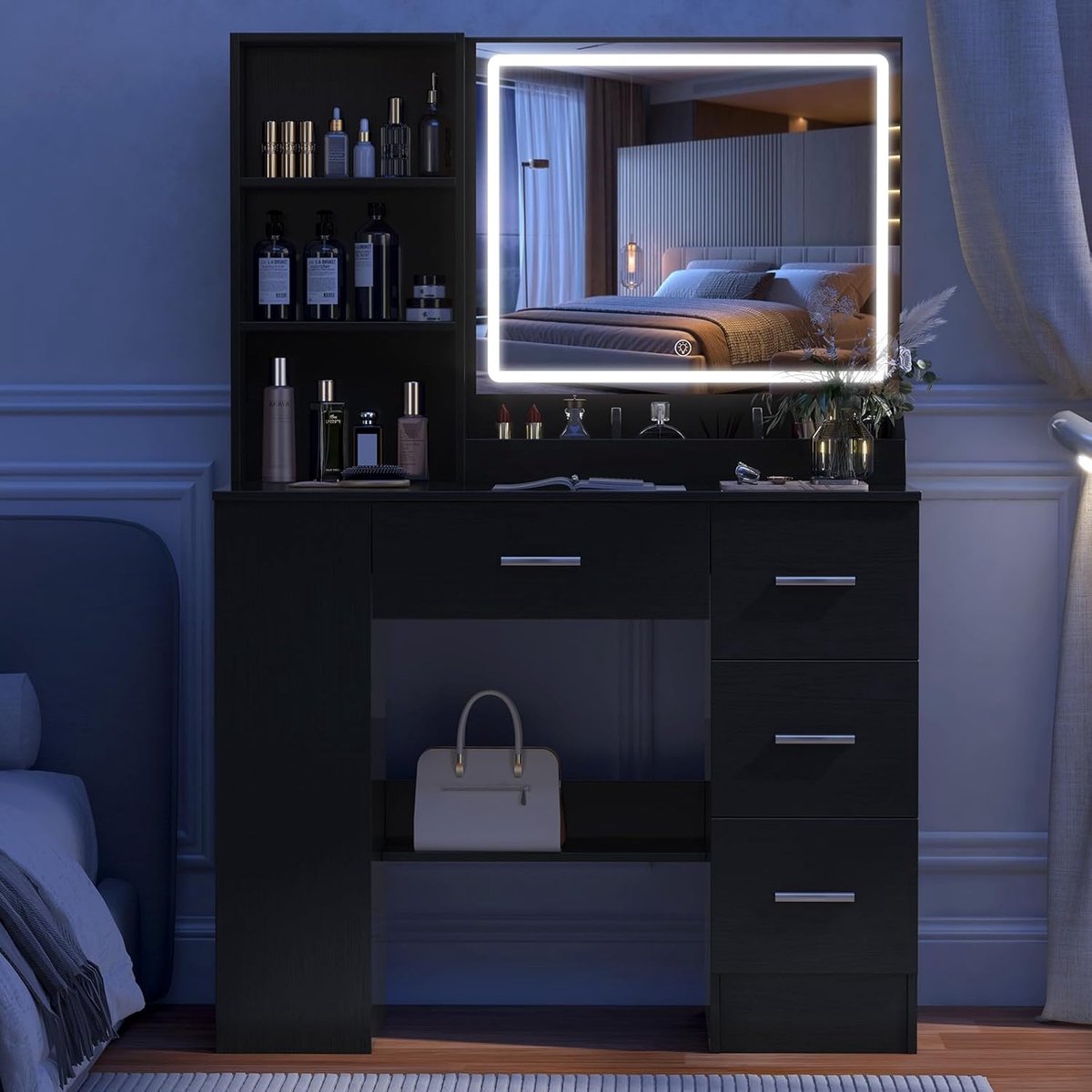 Luxe LED Make-up Kaptafel met Spiegel en Verlichting, Zwart met 4 Lades en Opbergruimte 90 cm – Modern Schminktafel met Side Cabinet en Nachtkast Functie 40x90x132 cm