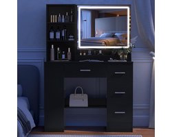 Luxe LED Make-up Kaptafel met Spiegel en Verlichting, Zwart met 4 Lades en Opbergruimte 90 cm – Modern Schminktafel met Side Cabinet en Nachtkast Functie 40x90x132 cm