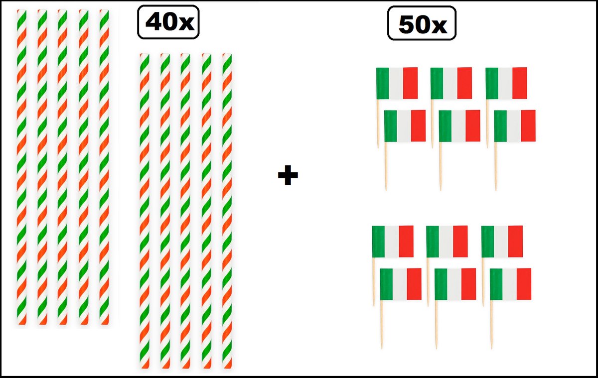 40x Papieren rietjes landen Italie 20cm + 50x Cocktail vlag prikkers Italie - Italiaans Sport festival themafeest party