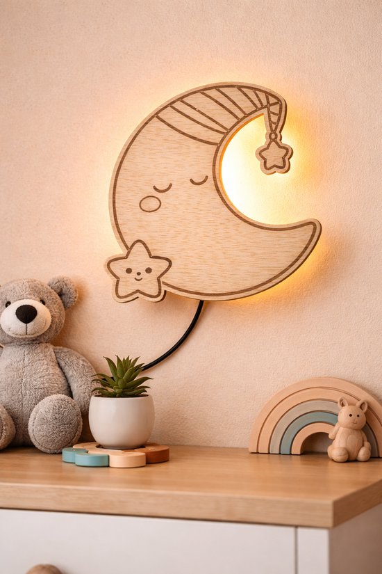 Houten Maan Wandlamp Kinderkamer - Nachtlampje met Warm Licht - Babykamer LED Lamp - Handgemaakt van Merkloos — afbeelding 2